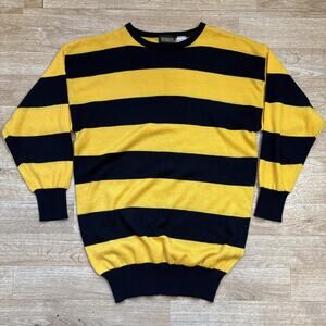 Vintage 80s 90s Stripe Knit Sweater Bee Grunge Border Medium Yellow Black